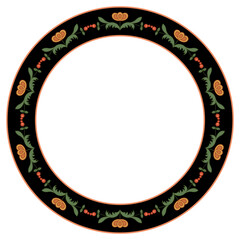 Round floral frame. Circular border with botanical design. Folk style. Wreath of red flowers on black background.