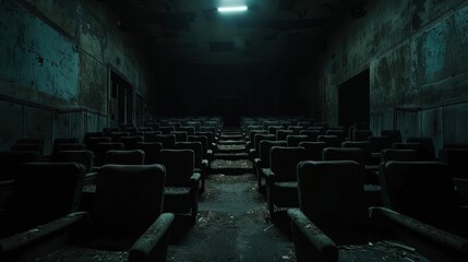 Naklejka premium Abandoned Theater with Dusty Chairs and Dark Ambiance