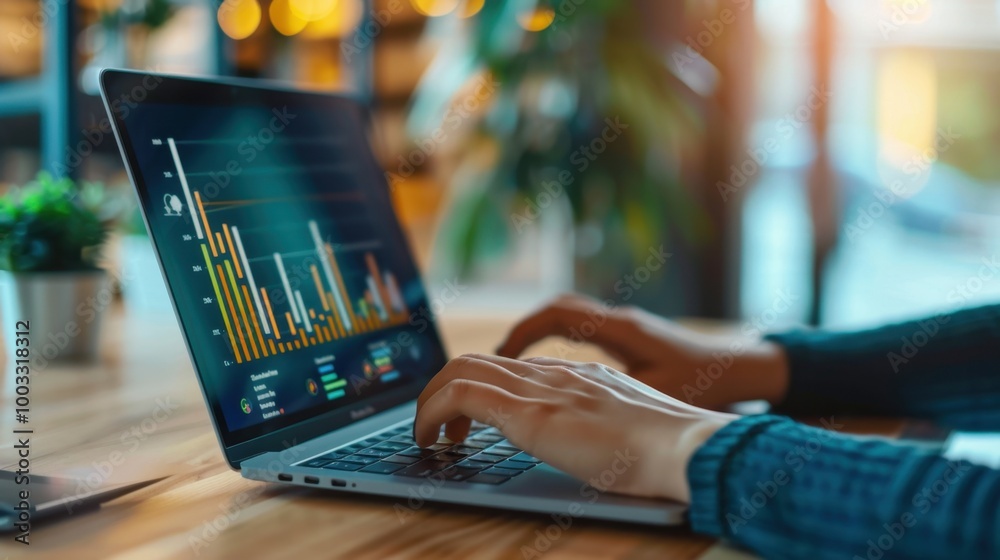Poster data analysis on laptop with graphs and charts