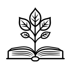 An open book icon features a plant emerging from its pages, symbolizing the connection between learning and nature in a minimalist line design