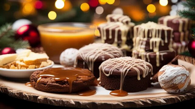 Christmas dessert charcuterie board with a variety of brownie and cookie treats covered in chocolate drizzle, with toffee bits and caramel sauce