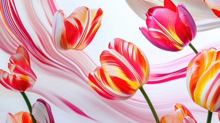 Swirling tulip flowers adorned with vibrant stripes on a white backdrop, forming a captivating fantasy illustration during an artistic display