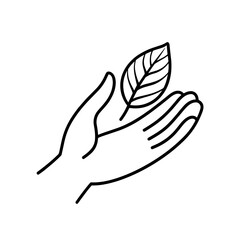 The design features a minimalist hand gently cradling a leaf, symbolizing care for nature, sustainability, and environmental awareness in various applications
