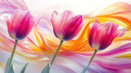 Fototapeta premium Swirling tulip flowers in motion, enhanced with vibrant stripes, set against a crisp white backdrop, creating a fantasy-inspired artistic display