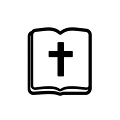 This vector icon features a simplistic black outline of an open book with a cross, symbolizing religious texts and spiritual beliefs in a clean design
