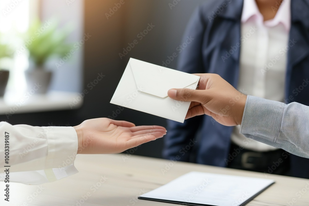 Wall mural close-up of female employee receiving envelope with salary from male boss in office. employee hands 