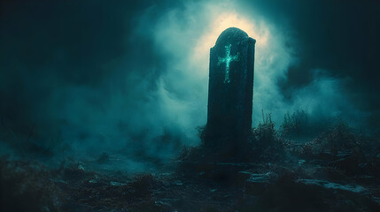 Spooky Graveyard Illustration with Fog and a Cross on a Tombstone