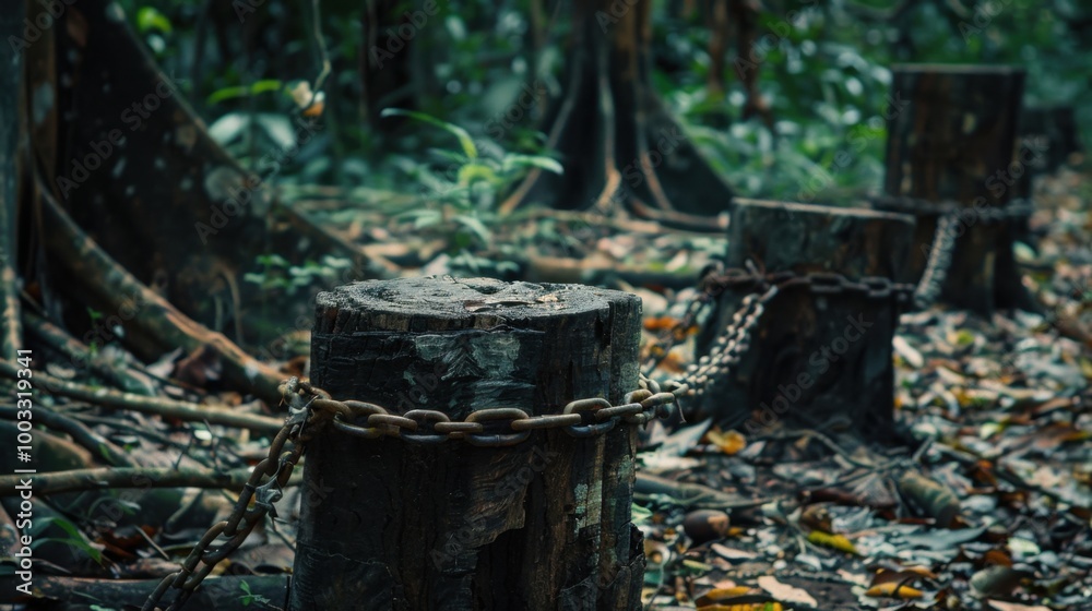 Canvas Prints Weathered Stumps with Chains in Lush Forest Setting