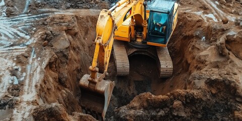 Fototapeta premium Excavator digging deep hole at construction site
