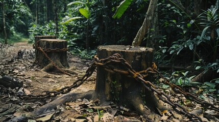 Stumps Bound by Chains in Lush Forest Environment