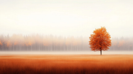 A solitary tree stands in misty landscape, surrounded by golden field and backdrop of soft, blurred autumn foliage. serene atmosphere evokes sense of tranquility and reflection.