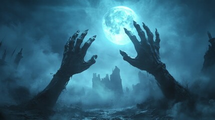Obraz premium Two skeletal hands reach up towards a glowing moon in a dark, eerie landscape.