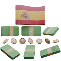 3D render illustration of Spain flag and currency called Euro