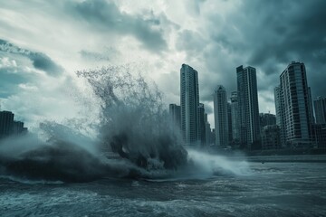 Tsunami wave crashing into coastal city skyline