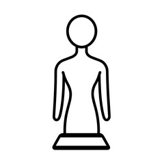 The illustration features a minimalist black line drawing of a mannequin, typically used in fashion design to display clothing or assess garment fit