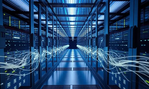 The network transports digital information through data servers housed in glass panels within the server room of a data center or Internet service provider.