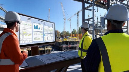 Generate a photo realistic image of construction supervisors conducting a daily progress meeting, with project timeline charts, task assignment boards, safety briefing