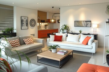 Fototapeta premium Cozy modern living room interior with comfortable sofa, green houseplant, soft candlelight. Style, decor blend with natural elements, creating relaxing atmosphere. Elegant floor lamp, stylish