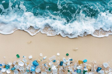 Plastic pollution scattered along sandy beach shoreline