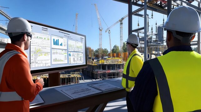 Generate a photo realistic image of construction supervisors conducting a daily progress meeting, with project timeline charts, task assignment boards, safety briefing