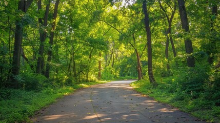 Obraz premium Serene Pathway Through Lush Green Forest Landscape