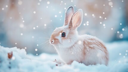 Obraz premium Cute rabbit in snowy winter landscape
