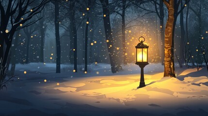 Enchanting Glowing Lantern in Winter Forest - Cozy and Tranquil 8K UHD Vector Illustration