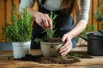 Woman adds soil to pot with rosemary at wooden table. Close-up of hands transplanting herb into container. Green foliage and sprig of rosemary in garden pot.