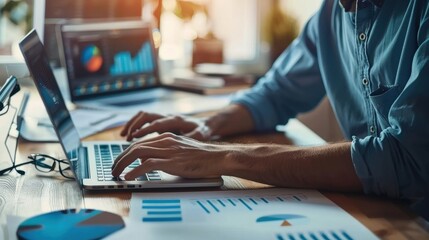 Man Working on Laptop with Business Charts and Graphs