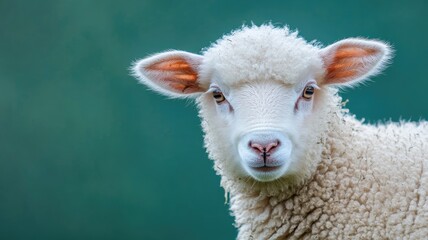 Naklejka premium Adorable white lamb with fluffy wool and alert ears against green background