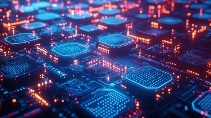 Obraz premium Futuristic Cyber-Themed Blue Background with Glowing Hexagonal Circuit Boards and Interconnected Circles Illuminated by Raking Light in Ultra-Realistic 8K UHD Quality