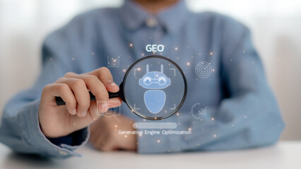 GEO Concept. Generative Engine Optimization for Online Marketing Strategy, icons representing AI,...