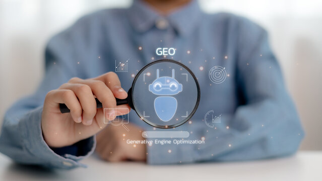 GEO Concept. Generative Engine Optimization for Online Marketing Strategy, icons representing AI, coding, modern online marketing, and advertising strategies. AI search,