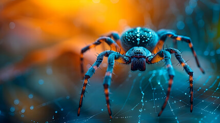 Fototapeta premium Blue Spider on a Web with Dew Drops - Realistic Image