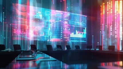 Futuristic Office with Digital Display and Data Visuals