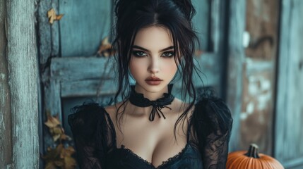Fototapeta premium Dark Gothic Halloween Aesthetic with Pumpkins and Mysterious Girl