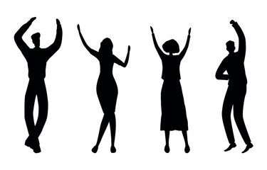 People Silhouettes. Black on White. Dancing young people. Happy People. Young men and young women have fun and dance. Positive active people. Vector illustration.