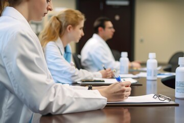 Medical professionals in conference room. Female, male doctors, nurses, practitioners in business attire, wearing badges, discussing patient care, health issues. Whiteboard displays medical