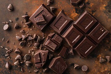 Top view of chocolate bar pieces with chocolate chips on rust metal background. Rich, dark cocoa treats on rough, industrial surface. Close-up of delicious chocolate dessert on black metal.