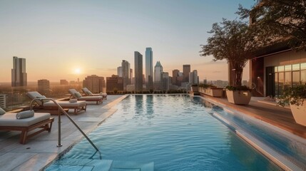 Sunset View Over City Skyline from Rooftop Pool