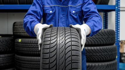 Fototapeta premium A man is holding a tire in his hands. The tire is black and has a white stripe