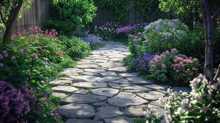 Lush Garden Pathway Surrounded by Colorful Flowers