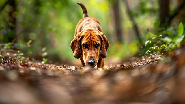 Red coonhound dog explores a green forest, sniffing the ground on a path covered with dry leaves, following scents and enjoying a day of adventure in nature