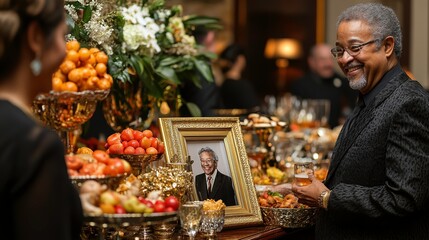 An elegant indoor celebration set up for a retirement party, showcasing a table adorned with gold and silver decorations, a framed photo collage of the retiree's career, and guests dressed in formal
