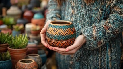 A close-up shot of a shopper's hands holding a unique artisan item, surrounded by other eye-catching goods at a festival booth, capturing the details and textures of the products
