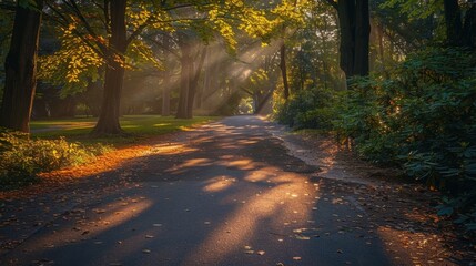 Obraz premium Serene Forest Pathway with Sunlight Streaming Through Trees