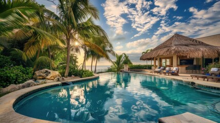 Fototapeta premium Tropical Paradise with Pool and Palms at Sunset