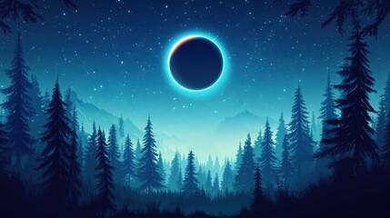 Naklejka premium Majestic Solar Eclipse Over Pine Trees - Gorgeous Vector Illustration in 8K UHD Quality for Astronomy and Nature Enthusiasts
