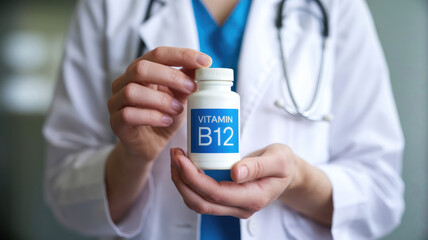 A doctor holding a bottle of vitamin B12. The bottle is white and blue. The doctor is wearing a white lab coat