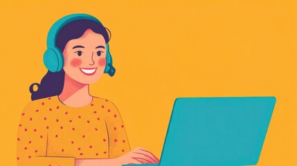 Happy Young Woman Assists Customers as a Call Center Agent While Working on Her Laptop. Generative AI